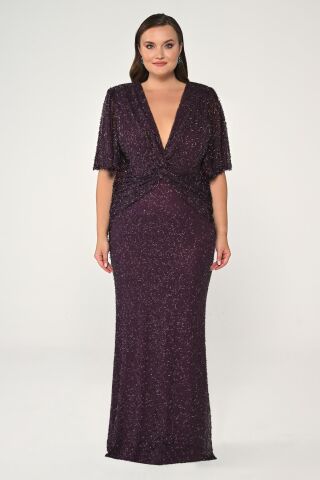 V Yaka Kısa Kollu Boncuklu Kumaş Uzun Elbise Mürdüm - 44