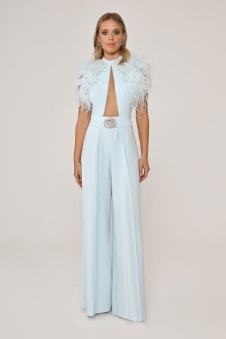 Omzu Tüylü Dekolteli Bol Paça Uzun Tulum