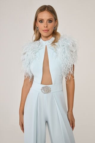 Omzu Tüylü Dekolteli Bol Paça Uzun Tulum