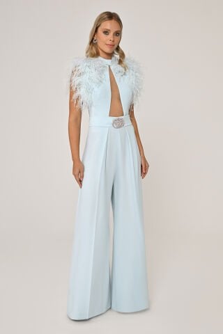 Omzu Tüylü Dekolteli Bol Paça Uzun Tulum