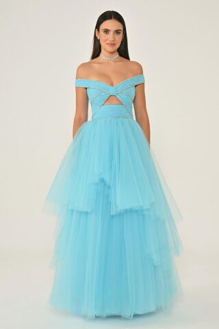 Düşük Omuz Taşlı Katlı Etek Tül Uzun Elbise