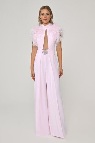 Omzu Tüylü Dekolteli Bol Paça Uzun Tulum