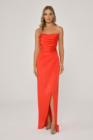 Straplez Saten Uzun Elbise ORANGE - 36