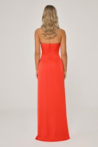 Straplez Saten Uzun Elbise ORANGE - 36