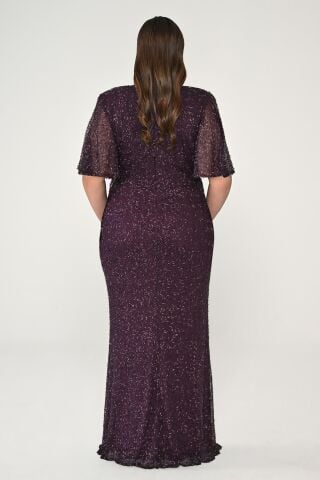 V Yaka Kısa Kollu Boncuklu Kumaş Uzun Elbise Mürdüm - 46