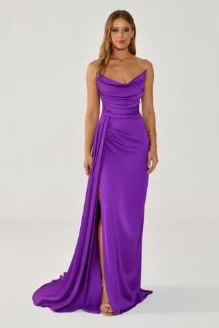 Kayık Yaka Yırtmaçlı Saten Elbise Mor - 42