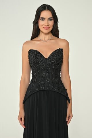 Straplez Üst Çiçekli Payet Eteği Şifon Uzun Elbise