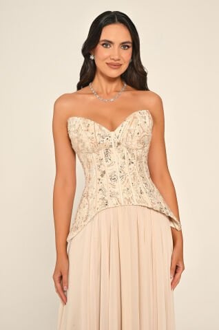 Straplez Üst Çiçekli Payet Eteği Şifon Uzun Elbise