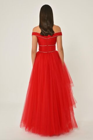 Düşük Omuz Taşlı Katlı Etek Tül Uzun Elbise Kırmızı - 38