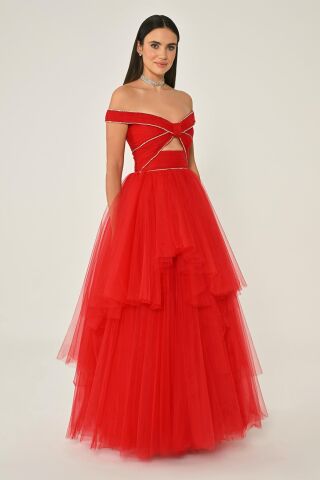 Düşük Omuz Taşlı Katlı Etek Tül Uzun Elbise Kırmızı - 38