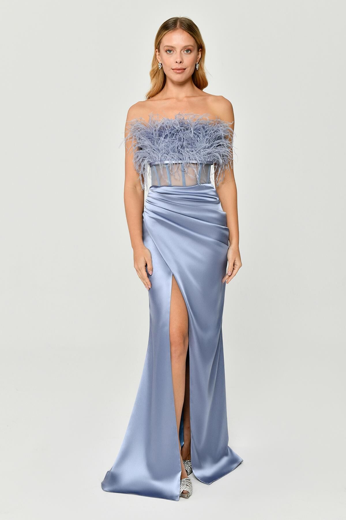 Straplez Otrişli Korse Transparan Bel Saten Uzun Elbise MAVİ - 36