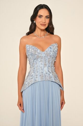 Straplez Üst Çiçekli Payet Eteği Şifon Uzun Elbise