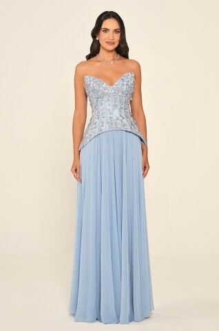 Straplez Üst Çiçekli Payet Eteği Şifon Uzun Elbise