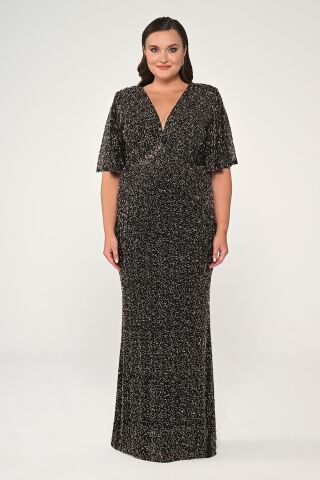 V Yaka Kısa Kollu Boncuklu Kumaş Uzun Elbise BAKIR - 42