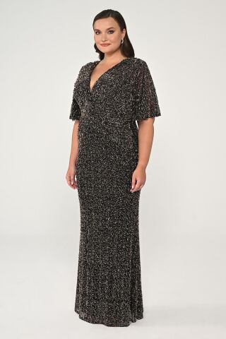 V Yaka Kısa Kollu Boncuklu Kumaş Uzun Elbise BAKIR - 44