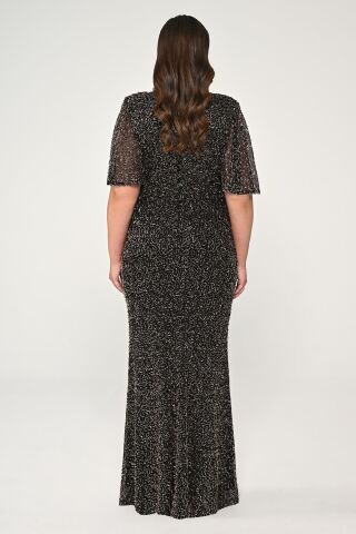 V Yaka Kısa Kollu Boncuklu Kumaş Uzun Elbise BAKIR - 44