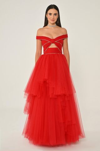 Düşük Omuz Taşlı Katlı Etek Tül Uzun Elbise Kırmızı - 42