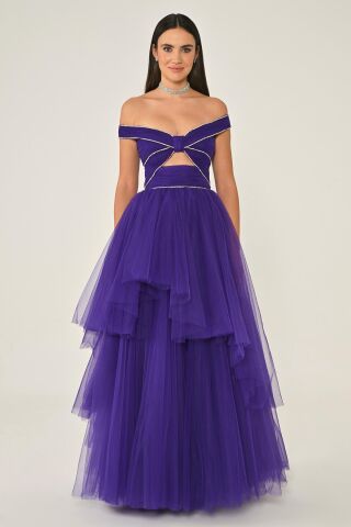 Düşük Omuz Taşlı Katlı Etek Tül Uzun Elbise Mor - 36