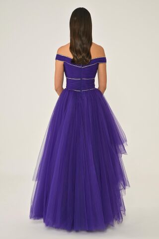 Düşük Omuz Taşlı Katlı Etek Tül Uzun Elbise Mor - 36