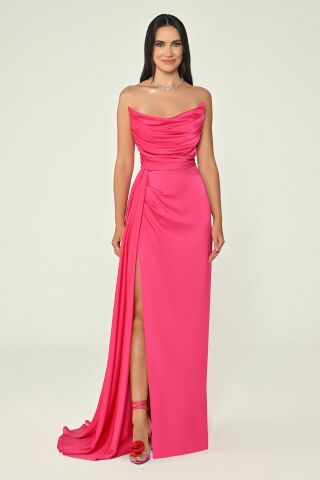 Kayık Yaka Yırtmaçlı Saten Elbise Fuşya - 42