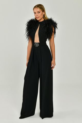 Feather Shoulder Decollete Wide Leg Long Jumpsuit Black - 38