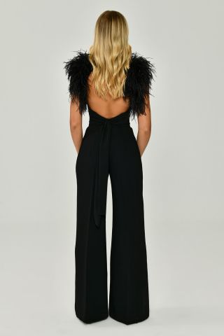 Feather Shoulder Decollete Wide Leg Long Jumpsuit Black - 38