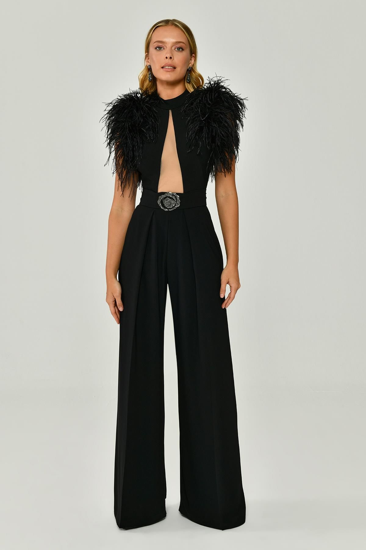 Feather Shoulder Decollete Wide Leg Long Jumpsuit Black - 38