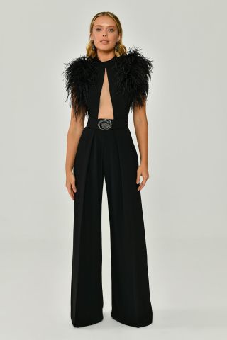 Feather Shoulder Decollete Wide Leg Long Jumpsuit Black - 38