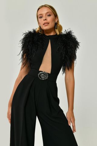 Feather Shoulder Decollete Wide Leg Long Jumpsuit Black - 38