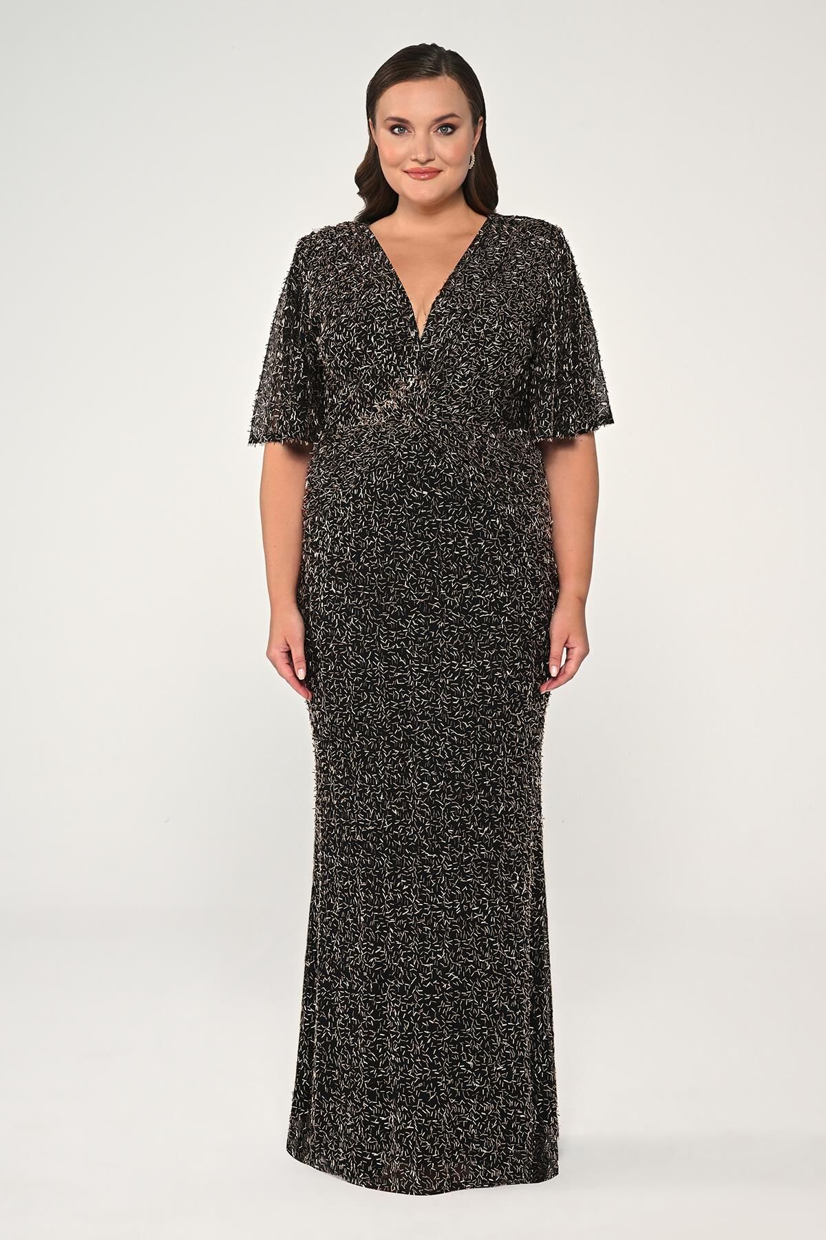 V Yaka Kısa Kollu Boncuklu Kumaş Uzun Elbise BAKIR - 48