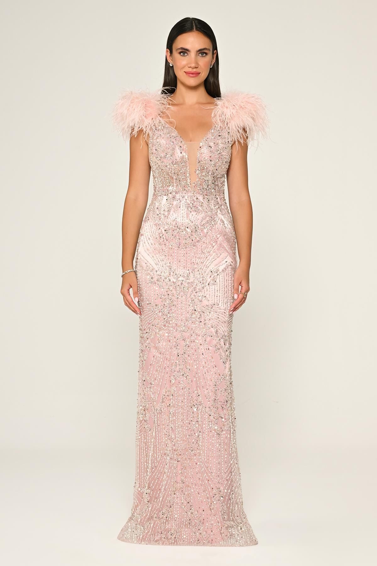 Langes Kleid mit Steinen auf den Schultern Rosa - 38