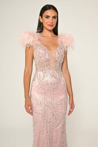 Langes Kleid mit Steinen auf den Schultern Rosa - 38