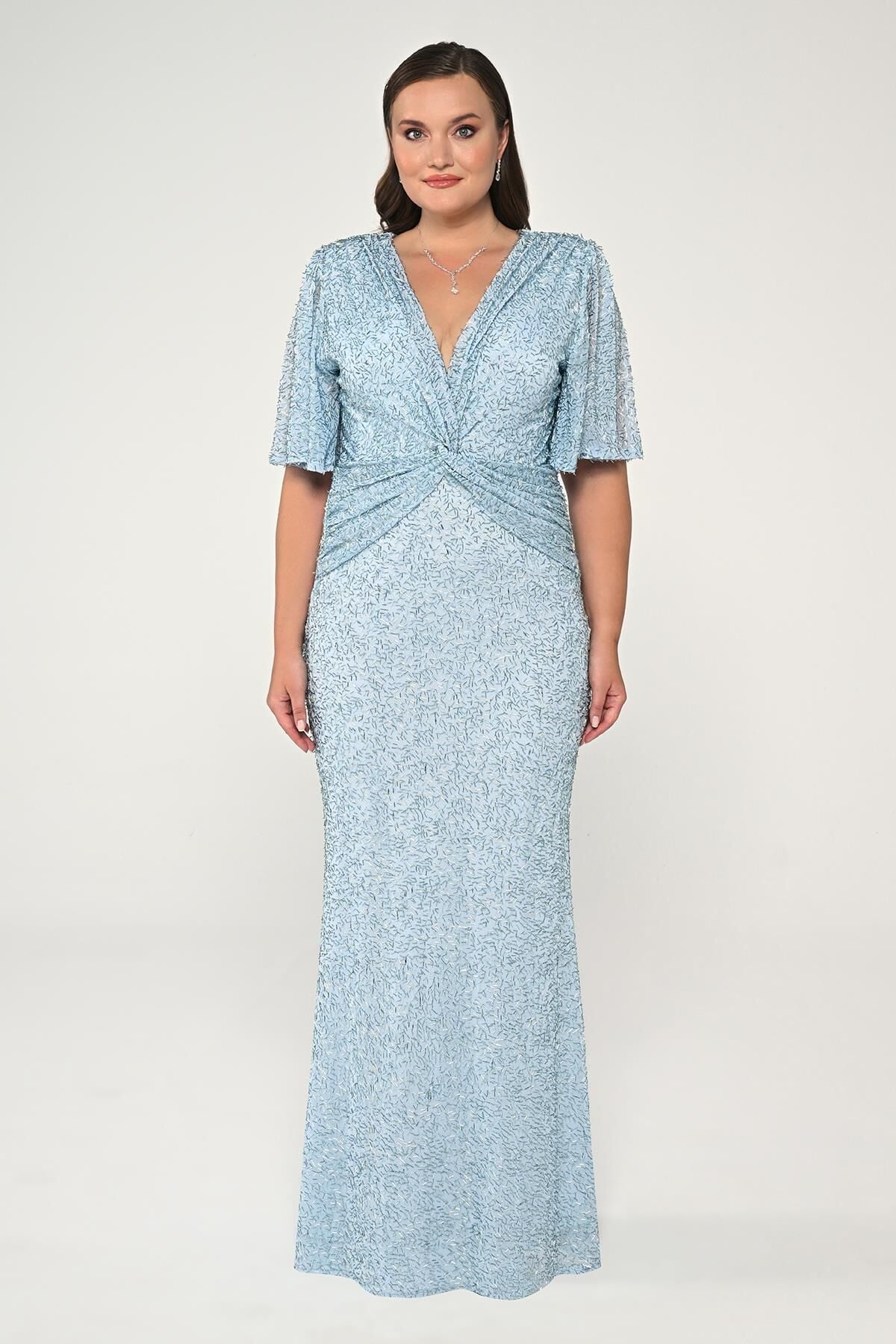 V Yaka Kısa Kollu Boncuklu Kumaş Uzun Elbise AÇIK MAVİ - 42