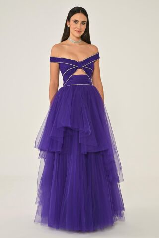 Düşük Omuz Taşlı Katlı Etek Tül Uzun Elbise Mor - 40