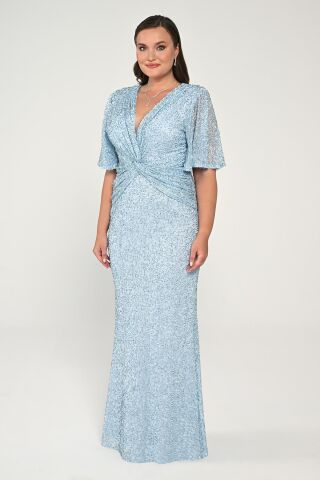 V Yaka Kısa Kollu Boncuklu Kumaş Uzun Elbise AÇIK MAVİ - 44