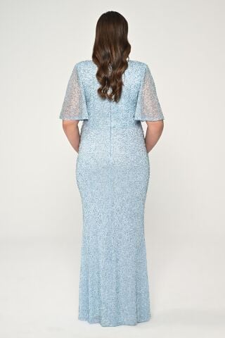 V Yaka Kısa Kollu Boncuklu Kumaş Uzun Elbise AÇIK MAVİ - 44