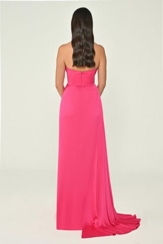 Kayık Yaka Yırtmaçlı Saten Elbise Fuşya - 36