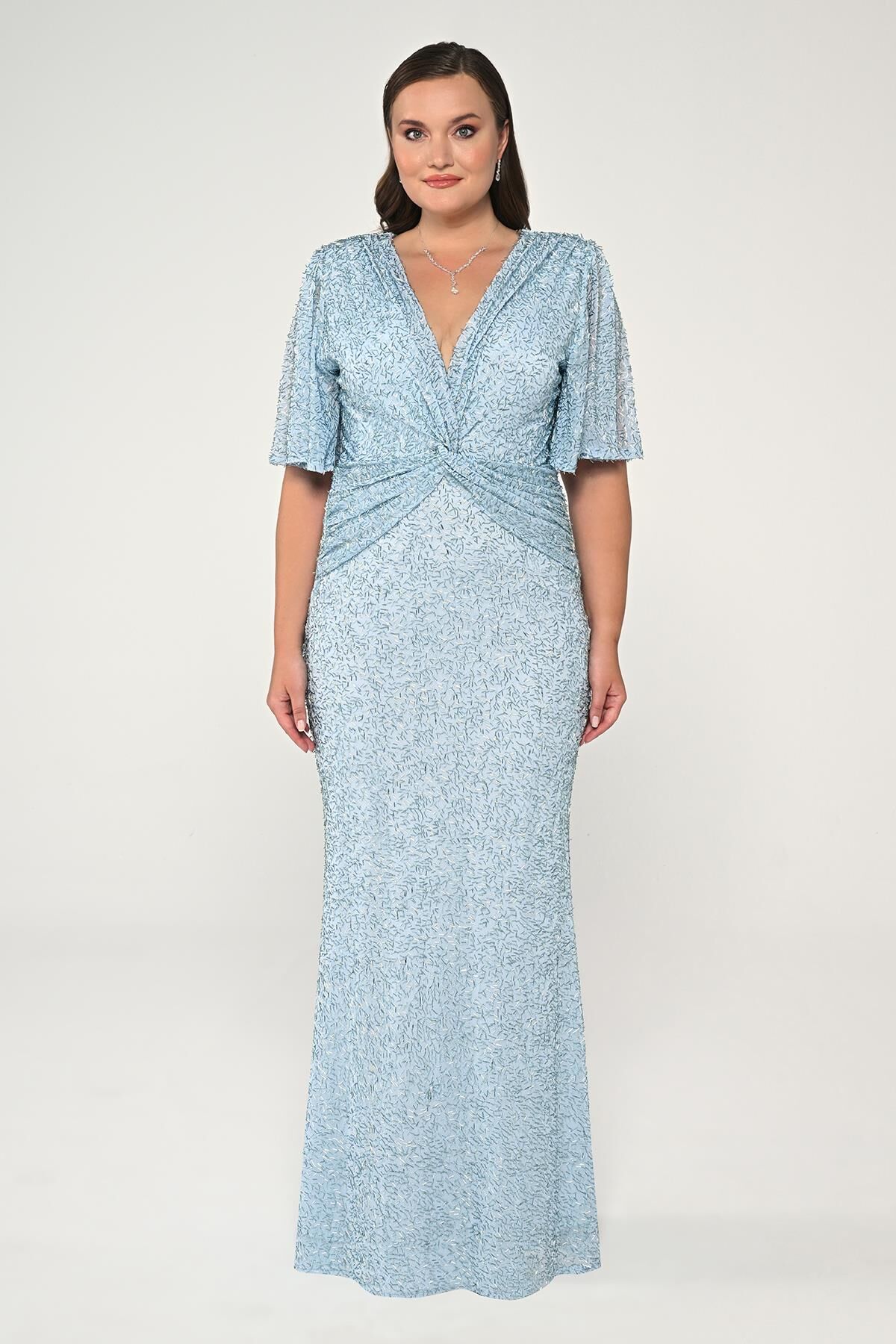 V Yaka Kısa Kollu Boncuklu Kumaş Uzun Elbise AÇIK MAVİ - 46