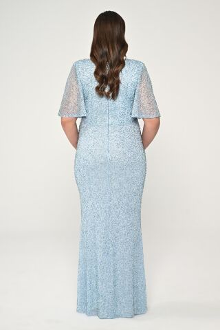 V Yaka Kısa Kollu Boncuklu Kumaş Uzun Elbise AÇIK MAVİ - 46