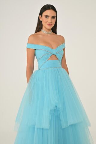 Düşük Omuz Taşlı Katlı Etek Tül Uzun Elbise TURKUAZ - 36