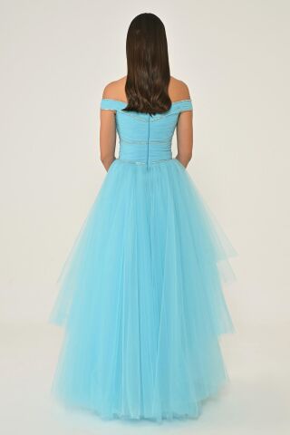 Düşük Omuz Taşlı Katlı Etek Tül Uzun Elbise TURKUAZ - 36