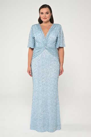 V Yaka Kısa Kollu Boncuklu Kumaş Uzun Elbise AÇIK MAVİ - 48