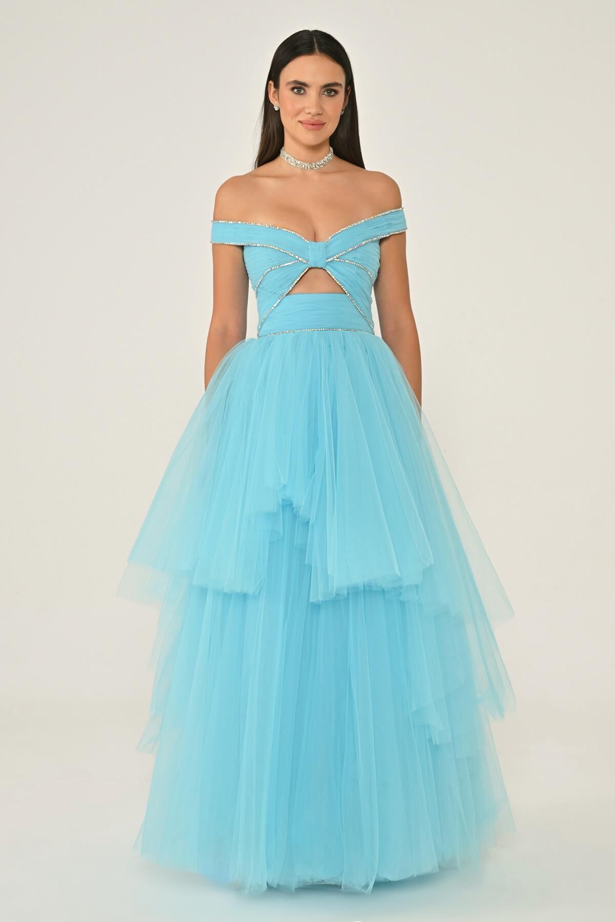 Düşük Omuz Taşlı Katlı Etek Tül Uzun Elbise TURKUAZ - 38