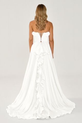 Straplez Fırfırlı Çift Yırtmaçlı Şifon Uzun Elbise Beyaz - 44