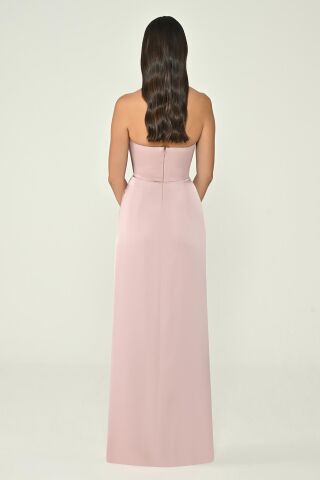 Straplez Saten Uzun Elbise Pudra - 36
