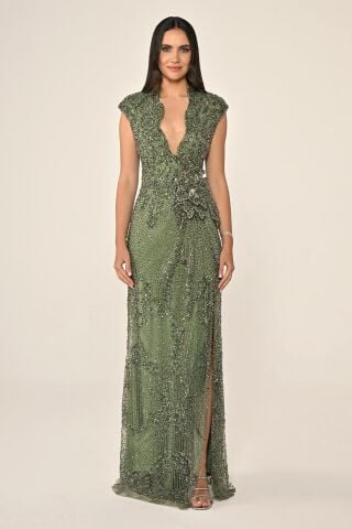 Dekolteli Beli Çiçek Aksesuarlı Payet Uzun Elbise Haki - 40