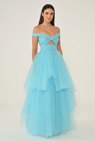 Düşük Omuz Taşlı Katlı Etek Tül Uzun Elbise TURKUAZ - 42