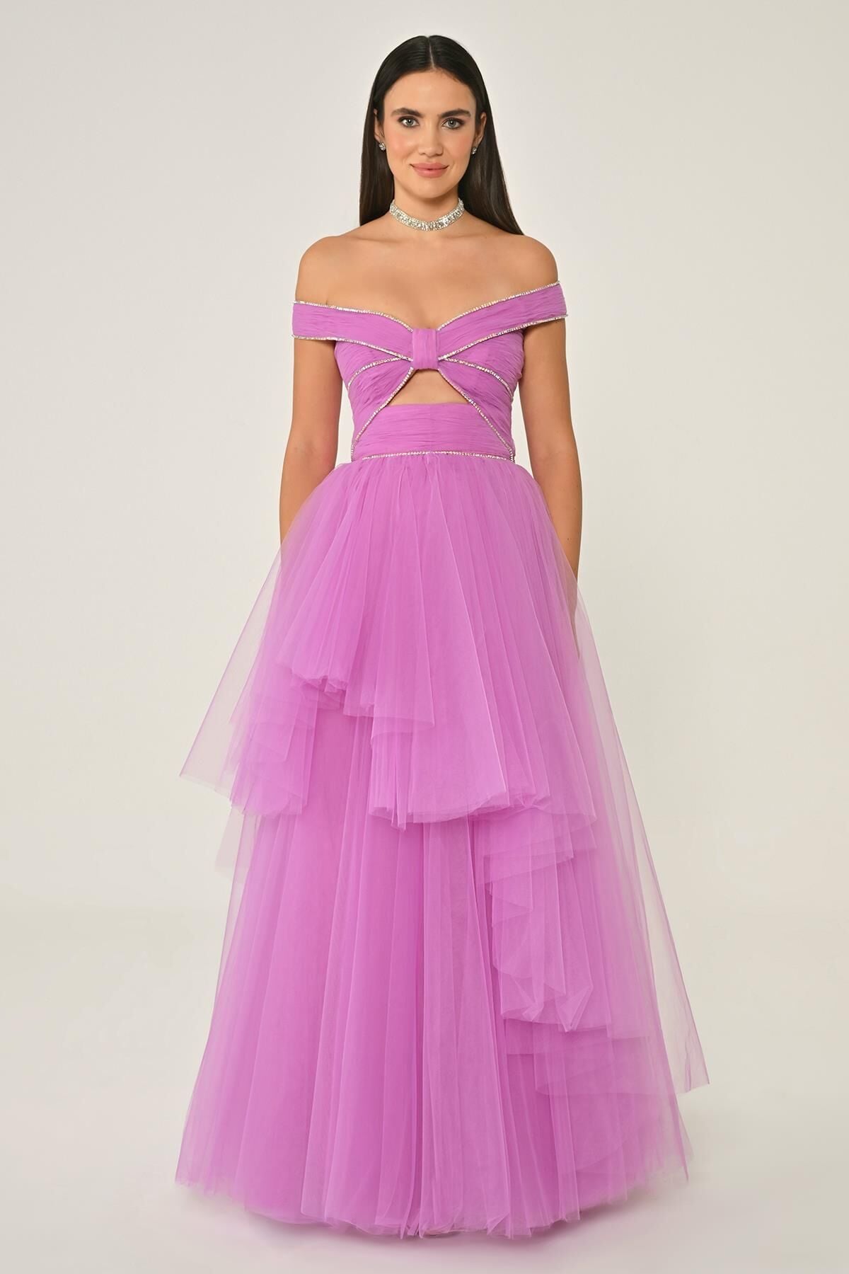 Düşük Omuz Taşlı Katlı Etek Tül Uzun Elbise 38 - LEYLAK