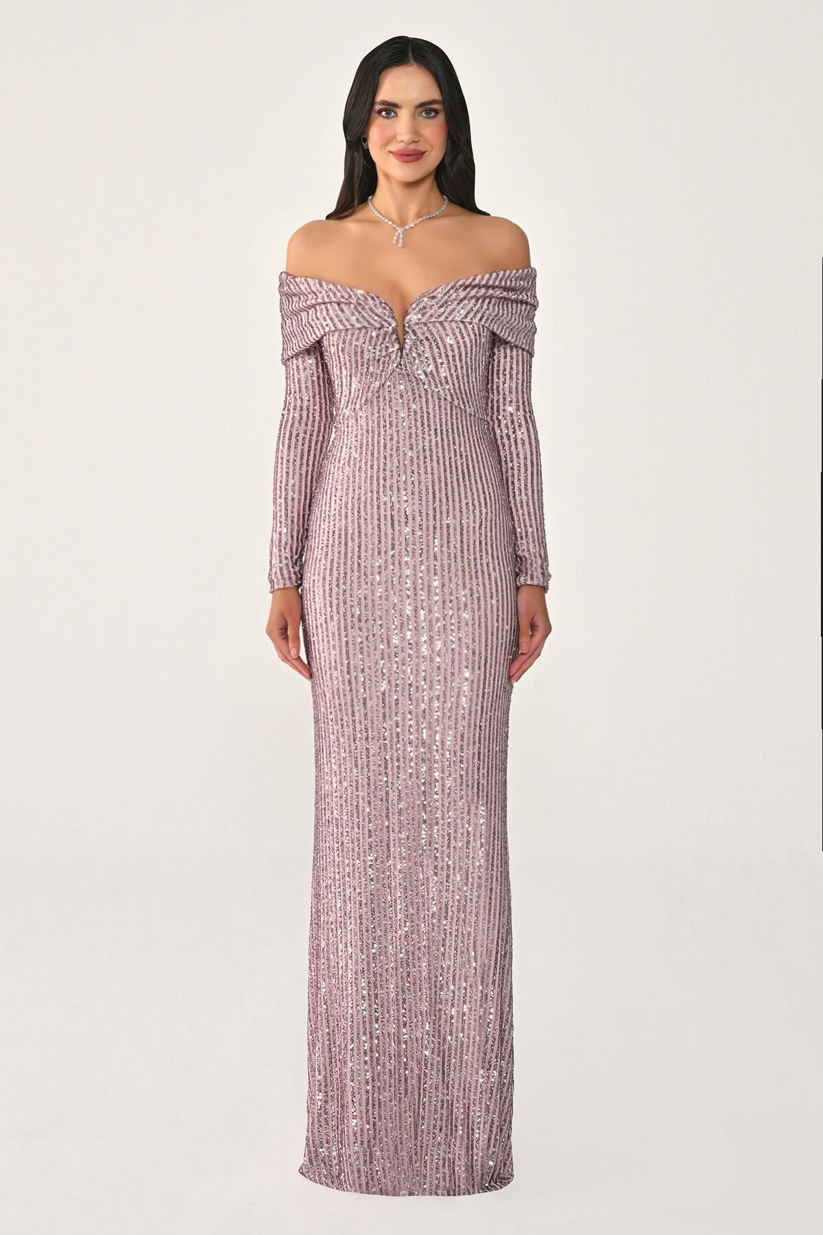 Uzun Kol Düşük Omuz Payet Uzun Elbise