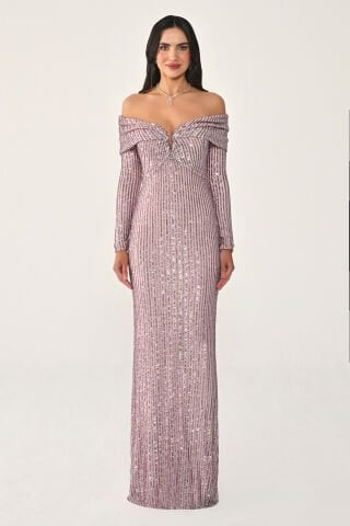 Uzun Kol Düşük Omuz Payet Uzun Elbise